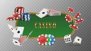 Casino banner with 3d realistic icons, chipa and axes with dice. vector