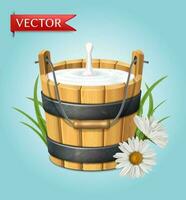 3d realistic vector icon. Wooden rustic bucket. Milk splash. Green grass and chamomile. Natural yogurt. isolated on white background.