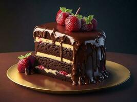 Chocolate cake cut into slices topped with strawberry fruit on a golden plate, close-up, from Ai, generates photo