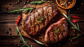 Half-cooked beef with spices on a wooden table photo