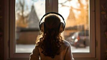 un niña con Sobre el oído auriculares mirando fuera el ventana ai generado foto