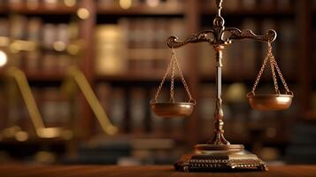 scales of justice against a blurred background of a bookshelf photo