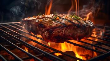 beef that is being grilled with a fire in the grill photo