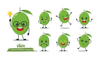 linda verde aceituna dibujos animados con muchos expresiones Fruta diferente actividad actitud vector ilustración plano diseño colocar.