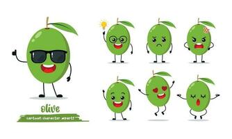 linda verde aceituna dibujos animados con muchos expresiones Fruta diferente actividad actitud vector ilustración plano diseño conjunto con Gafas de sol.