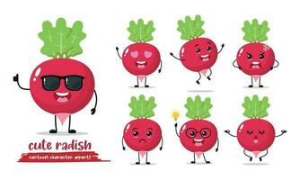 funny radish cartoon with many expressions. vegetable different activity vector illustration flat design.