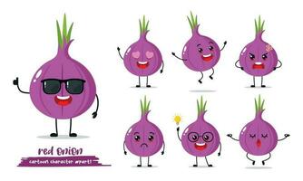 rojo cebolla dibujos animados con muchos expresiones vegetal diferente actividad vector ilustración plano diseño.