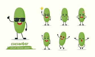 funny cucumber with different activity face expression. vegetable with many emotion vector illustration flat design.