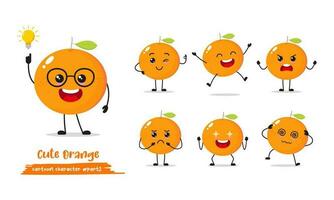 funny orange cartoon with many expressions. different fruit activity vector illustration flat design. smart tangerine for children story book.