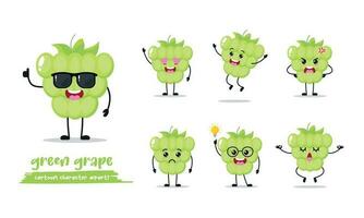 cute green grape different activity expression emotion. fruit with many activity vector illustration flat design.