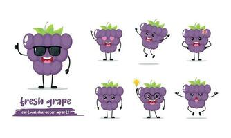 cute grape with different activity face expression. fruit with many emotion vector illustration flat design.