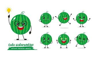 Cute green watermelon different face emotion. Different Watemelon activity cartoon vector illustration in flat design.