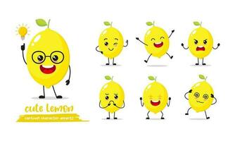 yellow lemon cartoon with many expressions. different fruit activity vector illustration flat design. smart lemon for children story book.