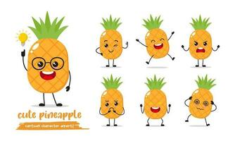 pineapple cartoon with many expressions. different fruit activity vector illustration flat design. smart pineapple for children story book.