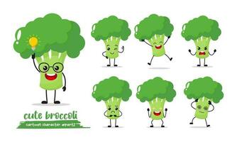 broccoli cartoon with many expressions. different vegetable activity vector illustration flat design. smart broccoli for children story book.