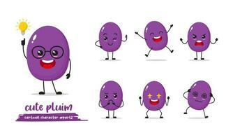 plum cartoon with many expressions. different fruit activity vector illustration flat design. smart plum for children story book.