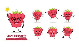 raspberry cartoon with many expressions. different fruit activity vector illustration flat design. smart berries for children story book.