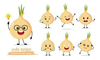 Happy onion cartoon with many expressions. different vegetable activity vector illustration flat design. smart onion for children story book.