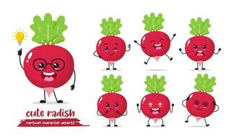 Radish cartoon with many expressions. different vegetable activity vector illustration flat design. smart Radish for children story book.