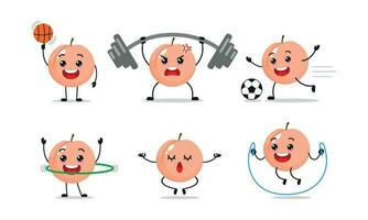 Peach Exercise Different Sport Activity Vector Illustration Sticker. Fruit Many Face expression set.