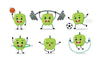 Green Paprika Exercise Different Sport Activity Vector Illustration Sticker. Bell Pepper Many Face expression.