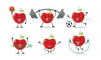 Cereza ejercicio diferente deporte actividad vector ilustración pegatina. Fruta muchos cara expresión colocar.