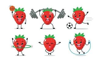 Strawberry Fruit Exercise Different Sport Activity Vector Illustration Sticker. Fruit Different face expression set.