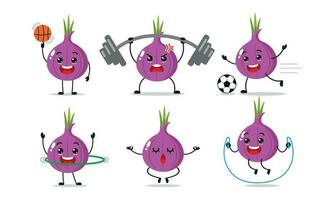 Red Onion Exercise Different Sport Activity Vector Illustration Sticker. Shallot Many Face expression set.