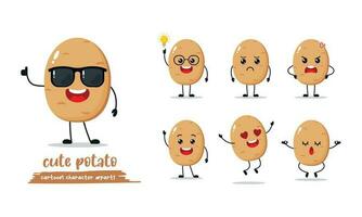 Cute happy potato wear sunglasses set different pose face expression. Funny cartoon food in flat style. Vegetable emoji vector illustration.