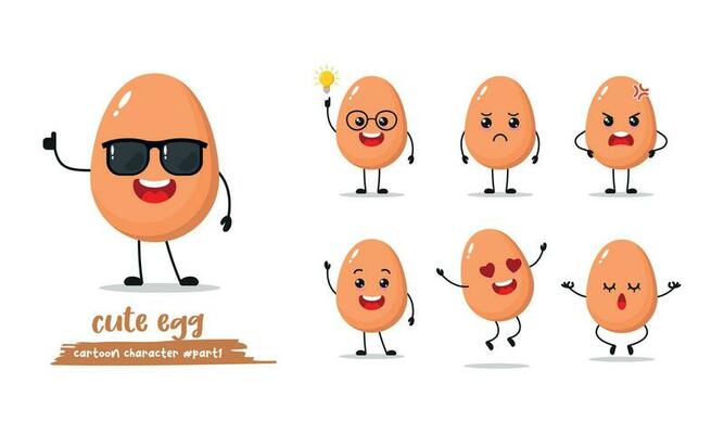 Cute egg wear sunglasses character. Funny egg emoticon in flat style. Different Face Expression Emoji vector illustration.