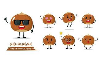 linda contento marrón avellana diferente emoción actividad. gracioso avellana Fruta en plano estilo. avellana vector emoji dibujos animados ilustración.