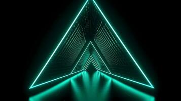 abstract geometric neon background with glowing triangular frame. Laser linear shape at the end of dark tunnel photo