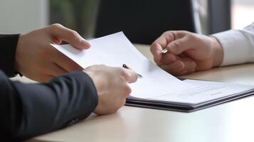 office worker explaining document to photo