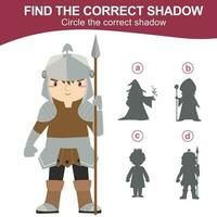 Find the correct shadow. Matching shadow game for children. Worksheet for kid. Educational printable worksheet. Vector illustration.