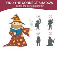 Find the correct shadow. Matching shadow game for children. Worksheet for kid. Educational printable worksheet. Vector illustration.