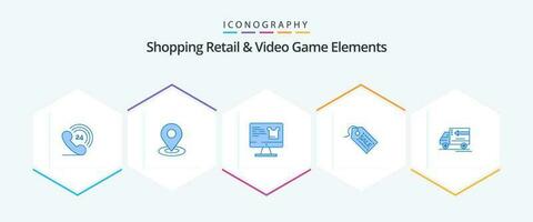 Shoping Retail And Video Game Elements 25 Blue icon pack including gooods . truck . screen . sale. shopping vector