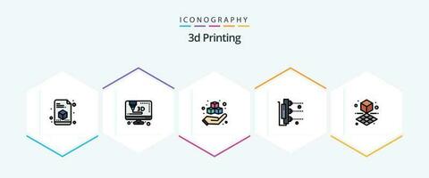 3d Printing 25 FilledLine icon pack including cube. scanner. printing. machine. factory vector