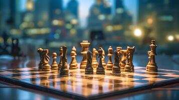 Chess board on a table with a tall building behind it photo