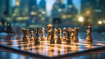 Chess board on a table with a tall building behind it generated ai photo