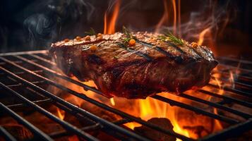 carne de vaca siendo A la parrilla con un rojo fuego en un parrilla generado ai foto