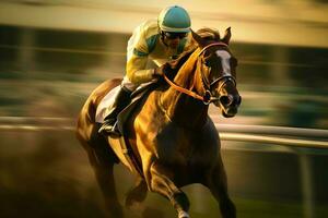 man riding horse with fast movement in horse racing competition generated ai photo