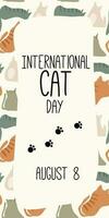 tarjeta postal para el internacional gato día en agosto 8. contento internacional gato día caracteres diseño colección con plano color. ilustración con eslogan para vestir, imprimir, bandera, insignia, póster, pegatina vector