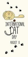 tarjeta postal para el internacional gato día en agosto 8. contento internacional gato día caracteres diseño colección con plano color. ilustración con eslogan para vestir, imprimir, bandera, insignia, póster, pegatina vector