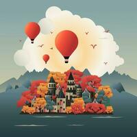 Landscape with balloons. Travel concept. houses on the island. Vector illustration, flat style. Autumn.