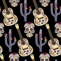 Day of the Dead seamless background. Guitar, skull and cactus. Vector illustration. Good for textile, fabric, wrapping paper
