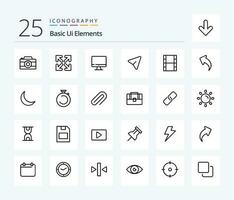 Basic Ui Elements 25 Line icon pack including filam. video. monitor. computer. pin vector