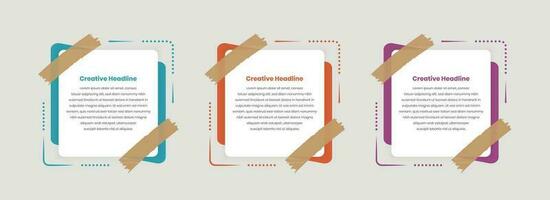 Three steps business text presentation infographic template with attached tape and abstract shape vector