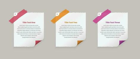 Sticky note styled infographic text presentation cards with page curl effect shape attached with tape vector