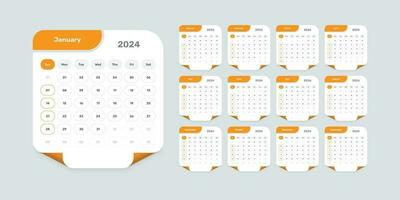 Abstract designed modern calendar template of 2024 with accurate date format and page curl effect shape vector