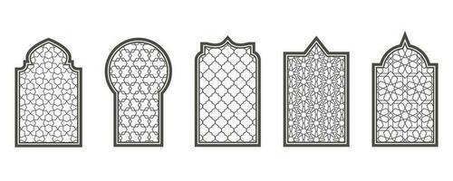 Ramadan window with pattern. Arabic frame of mosque door. Islamic design template. Vector oriental decoration with ornament.